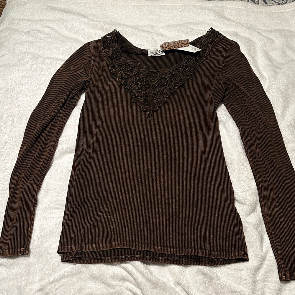 Dexter Brown Ribbed Long-Sleeve Top with Crochet V-Neck